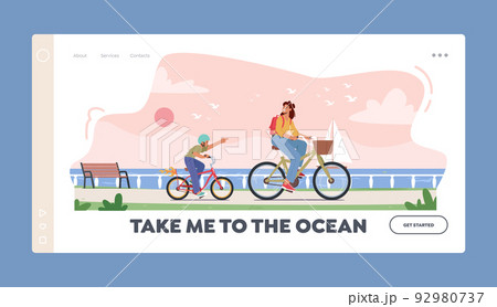 Family Weekend Recreation Landing Page Template. Mother and Son Riding Bicycle along Embankment with Seaview 92980737