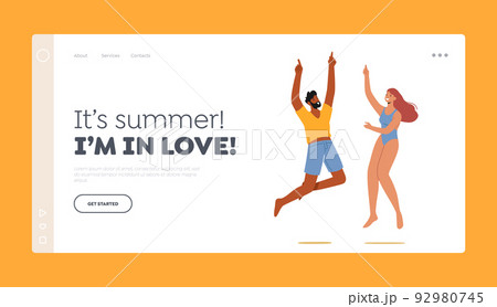Characters in Swimwear Rejoice Landing Page Template. Jump. Happy People Jump with Hands Up, Celebrating Beach Party 92980745