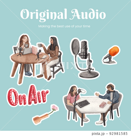Sticker template with international podcast day concept,watercolor style 92981585