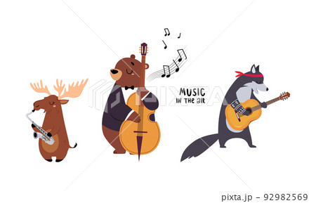 Music in the air. Bear, deer, wolf animals playing musical instruments cartoon vector illustration Music in the air. Bear, deer, wolf animals playing musical instruments cartoon vector illustration 92982569