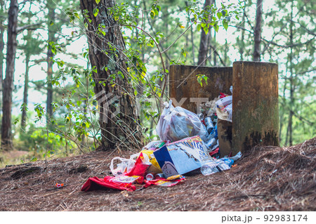Dump in forest summer park. Overflowing concrete trash can. No control take out landfill garbage. Pollution ecology concept, nature protection 92983174