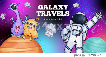 Blog header template with kids explore galaxy concept,watercolor style 92983240