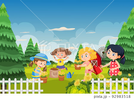 Happy people in the park gardening 92983518