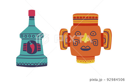 Mexican aztec mask and bottle of traditional Mexican alcohol drink cartoon vector illustration 92984506