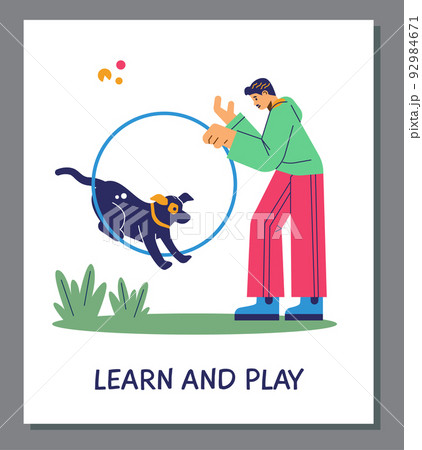 Poster with man training dog jumping over ring flat style, vector illustration 92984671