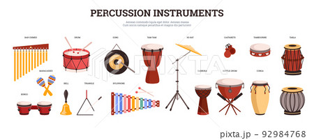Big set of percussion instruments with names of each flat style Big set of percussion instruments with names of each flat style 92984768