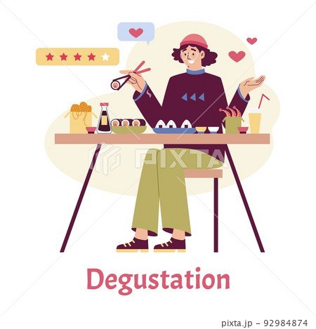 Happy man enjoys food in Japanese restaurant, flat vector illustration isolated on white background. 92984874