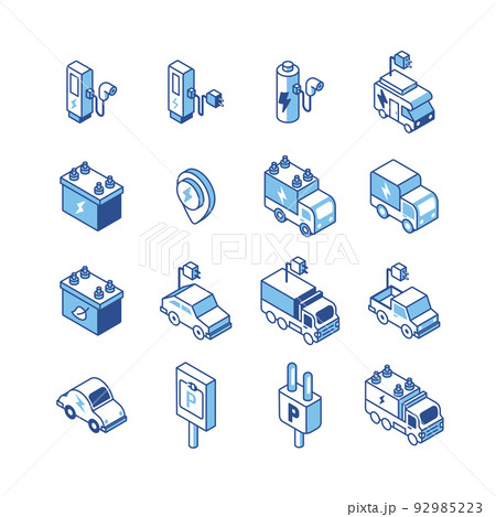 electric vehicle logo isometric flat line icons set. EV ECO clean energy technology icon. simple design vector 92985223