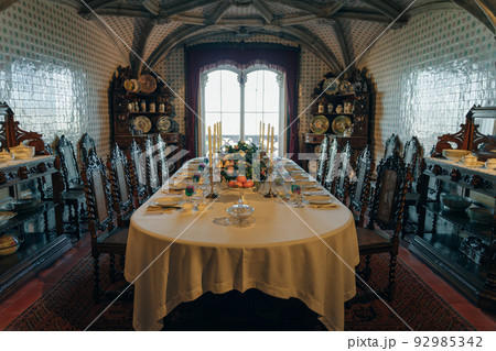 Dining room inside the Romanticist Pena Palace in Sintra, Portugal December 2021 92985342