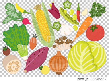 ポップな野菜のセット 背景 水彩画 イラストのイラスト素材 [92985457