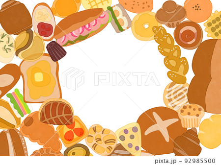 様々な種類のパンの背景 フレーム イラスト レトロ 水彩画のイラスト素材