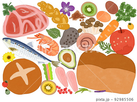 様々な食品の置き画 背景素材 イラスト 水彩画 様々な食品の置き画 背景素材 イラスト 水彩画 92985506
