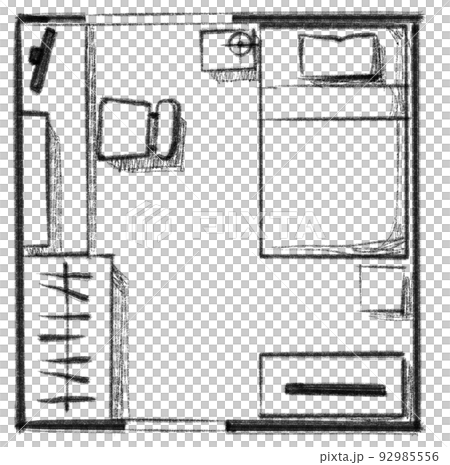 Single bedroom house furniture plan top view hand drawn layout illustration 92985556