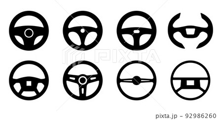 自動車のハンドル ステアリングホイールの8種類のベクターアイコン白黒素材セットのイラスト素材