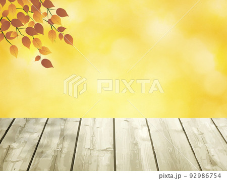 Wood table top on bokeh yellow background 92986754