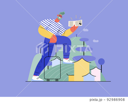 Travel shop -Online shopping and electronic commerce series -modern flat vector concept illustration of a travelling man with a case and ticket. Promotion, discounts, sale and online orders concept 92986908