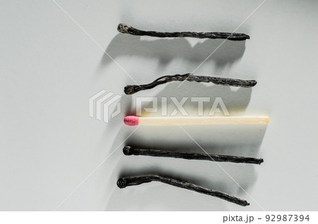 All the matches burned except for one. Danger of smoke, fire.Pink match heads All the matches burned except for one. Danger of smoke, fire.Pink match heads 92987394