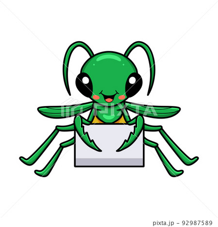 Cute little mantis cartoon with blank sign Cute little mantis cartoon with blank sign 92987589