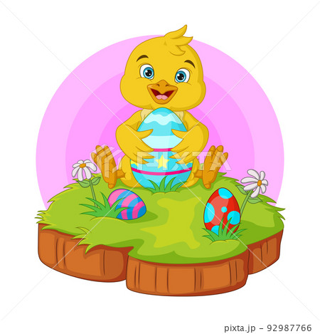 Cartoon little chick with easter egg in the grass Cartoon little chick with easter egg in the grass 92987766