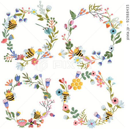 Vector cute wreaths with wildflowers flowering and honey bees. Composition for your greeting cards, label design, banner. Concept for organic products. Vector Illustration. 92988435