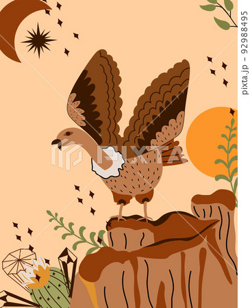 Wild west Texas poster with a vulture on a rock in the desert, with the sun, a cactus, diamond. Further Old West in flat style. Vector illustration 92988495