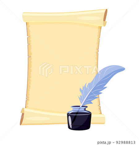 Scroll of sheet of parchment with inkwell and quill. Vector illustration of old canvas isolated on white. 92988813