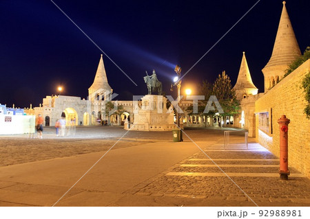 Fisherman's Bastion by night on the hill overlooking the city of Budapest Fisherman's Bastion by night on the hill overlooking the city of Budapest 92988981