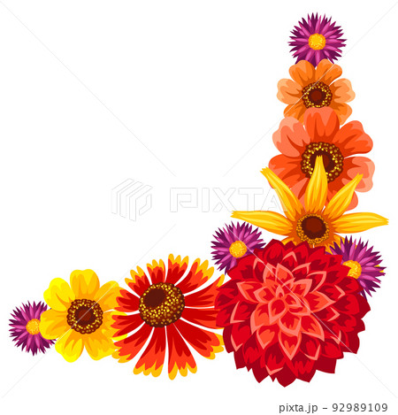 Decorative frame with autumn flowers. Beautiful decorative bouquet of blooming plants. 92989109