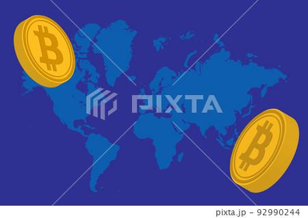 illustration of a blue world map with two gold bitcoin coins on the top left and bottom right on a dark blue background. Digital virtual cryptocurrency. Template for cover, flyer or banner. High 92990244