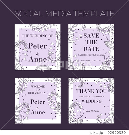 Floral wedding square social media template in hand drawn doodle style, invitation card design with line flowers, leaves, fern and dots. Vector decorative frame on white and lilac background. Floral wedding square social media template in hand drawn doodle style, invitation card design with line flowers, leaves, fern and dots. Vector decorative frame on white and lilac background. 92990320