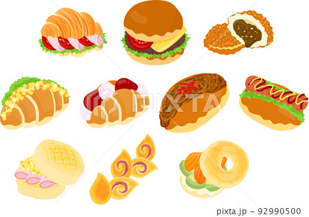 クロワッサンサンドやハンバーガーやホットドッグなどの美味しそうな可愛いパンのアイコン クロワッサンサンドやハンバーガーやホットドッグなどの美味しそうな可愛いパンのアイコン 92990500