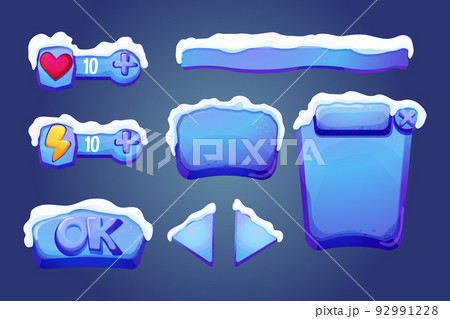Set winter ice fantasy interface template game menu with snow in cartoon style isolated on white background. Ui asset, frame for settings design. Casual web 2d element. 92991228