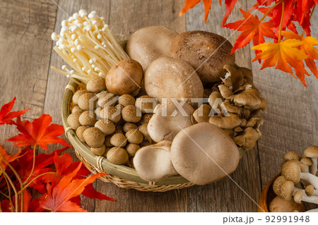 キノコの盛り合わせと紅葉 92991948