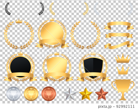 Set of gold laurel frames, ribbons and medals 92992111