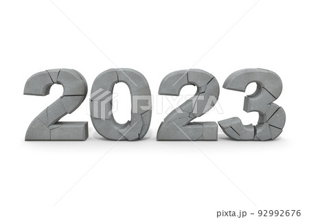 白背景に崩れたの文字。岩の質感。2023年の文字。立体で作られた文字。ゴシック体の文字。 白背景に崩れたの文字。岩の質感。2023年の文字。立体で作られた文字。ゴシック体の文字。 92992676