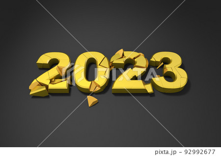 黒背景に崩れたの文字。ゴールドの質感。2023年の文字。立体で作られた文字。ゴシック体の文字。 黒背景に崩れたの文字。ゴールドの質感。2023年の文字。立体で作られた文字。ゴシック体の文字。 92992677