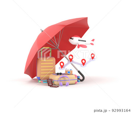 Travel insurance business concept. Red umbrella cover airplane and suitcases. Travel insurance business concept. Red umbrella cover airplane and suitcases. 92993164