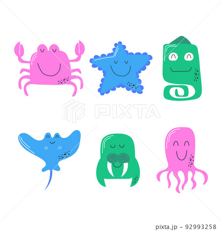 Cute vector sea animals icons on white for stickers for kids 92993258