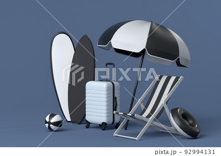 Suitcase with beach chair and surf board on black and white background. 92994131