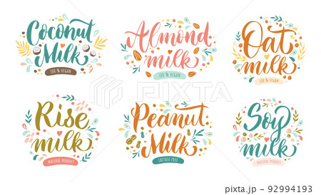 Vegan milk lettering. Coconut, peanut and almond nuts drink. Oat cereals, natural rise and soy plant-based milk product label vector set 92994193