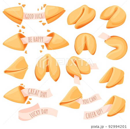 Fortune cookies. Chinese traditional food with future forecasting or surprise messages on paper strips inside cookie pieces vector set Fortune cookies. Chinese traditional food with future forecasting or surprise messages on paper strips inside cookie pieces vector set 92994201