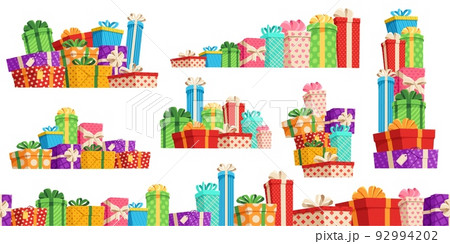 Gift box pile. Many gifts, lot of wrapped surprise boxes with ribbon bows and colorful birthday presents seamless divider vector set Gift box pile. Many gifts, lot of wrapped surprise boxes with ribbon bows and colorful birthday presents seamless divider vector set 92994202