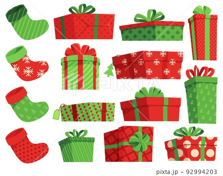 Christmas gifts. Xmas stocking for presents, wrapped boxes decorated for winter holidays. Gift box with dots, stripes and snowflakes pattern vector set Christmas gifts. Xmas stocking for presents, wrapped boxes decorated for winter holidays. Gift box with dots, stripes and snowflakes pattern vector set 92994203