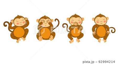 Wise monkeys. Cute ape with hands covering mouth, eyes and ears. Blind, deaf and mute monkey. See, hear and speak no evil cartoon vector illustration Wise monkeys. Cute ape with hands covering mouth, eyes and ears. Blind, deaf and mute monkey. See, hear and speak no evil cartoon vector illustration 92994214