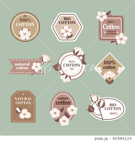 Cotton emblem. Natural textile badge with flowers, cotton tag with blooming plant bolls vector set Cotton emblem. Natural textile badge with flowers, cotton tag with blooming plant bolls vector set 92994224