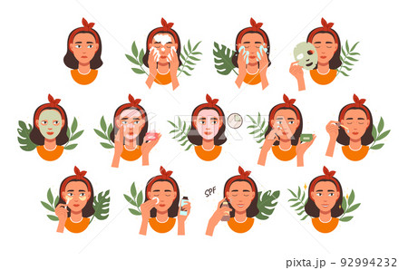 Face skin care. Beauty masks and patches skincare instruction. Washing, scrubbing and moisturizing face cream vector icon set 92994232