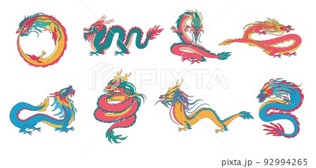 Asian dragons. Chinese mythological creatures, ancient legend animals and ouroboros dragon vector illustration set Asian dragons. Chinese mythological creatures, ancient legend animals and ouroboros dragon vector illustration set 92994265