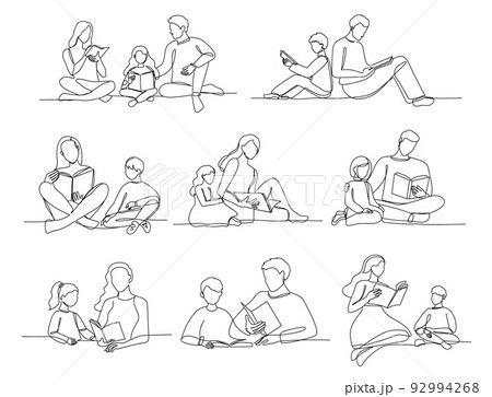 One line reading for kids. Readers family, parents read books with children. Mother, father and kid with book lifestyle vector Illustration set 92994268