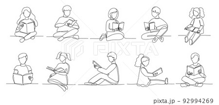 One line children reading books. School kids, child book and young readers continuous line vector Illustration set 92994269