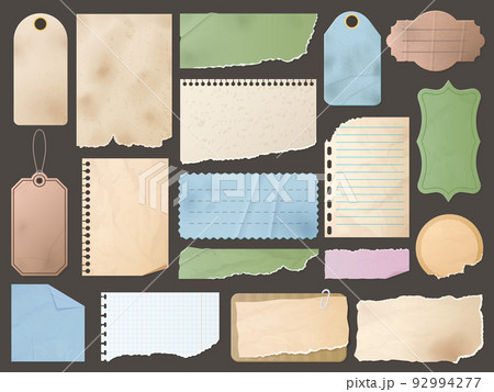 Vintage scrapbook elements. Note page with paper texture and torn edge, vintage tag and old sticker label vector set Vintage scrapbook elements. Note page with paper texture and torn edge, vintage tag and old sticker label vector set 92994277
